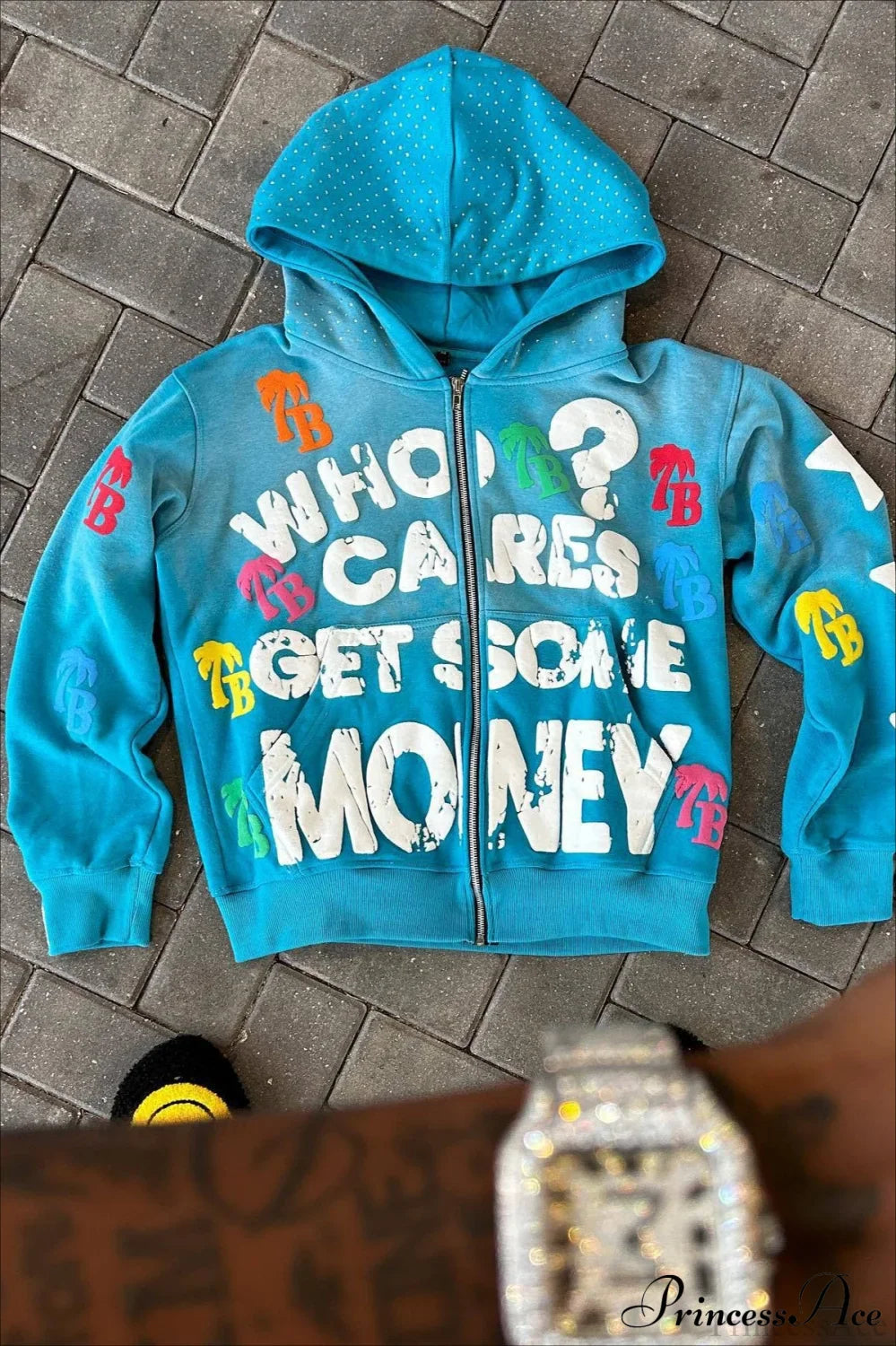 Foam Letter Print Hip-Hop Zip Hoodie Blue / XS