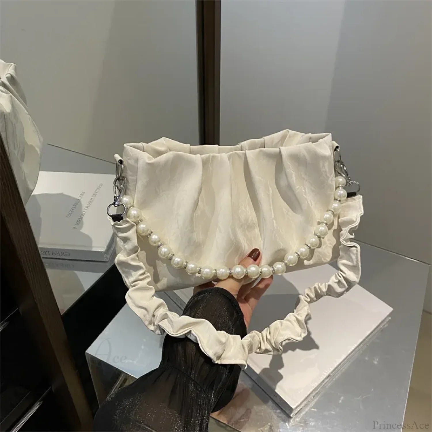 French Beaded Chain Pleated Underarm Crossbody Handbag handbag-250126