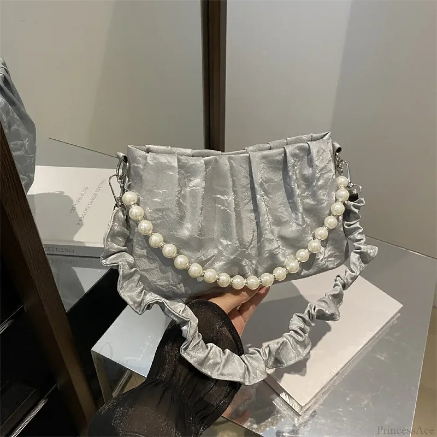 French Beaded Chain Pleated Underarm Crossbody Handbag handbag-250126