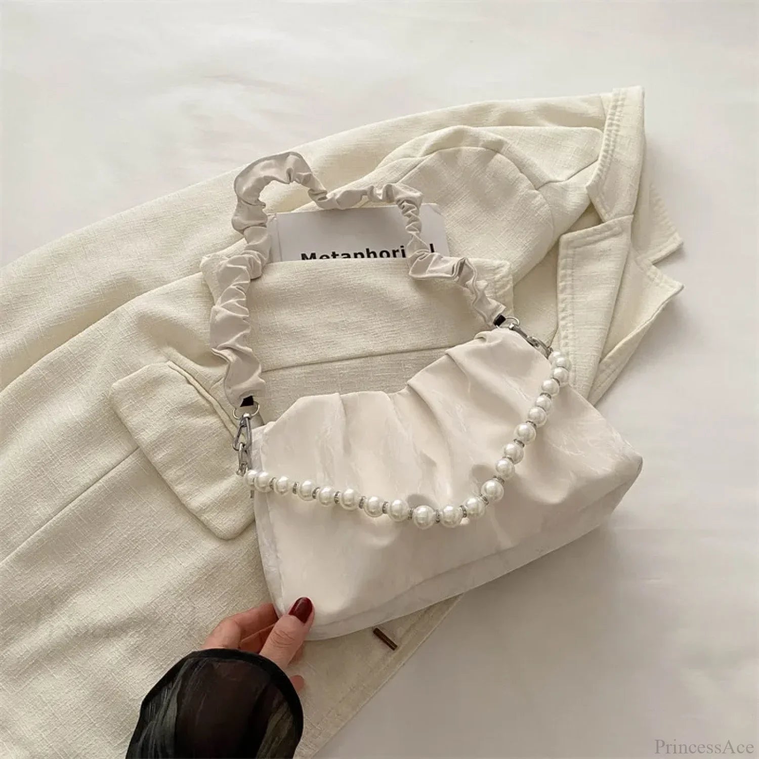 French Beaded Chain Pleated Underarm Crossbody Handbag White handbag-250126