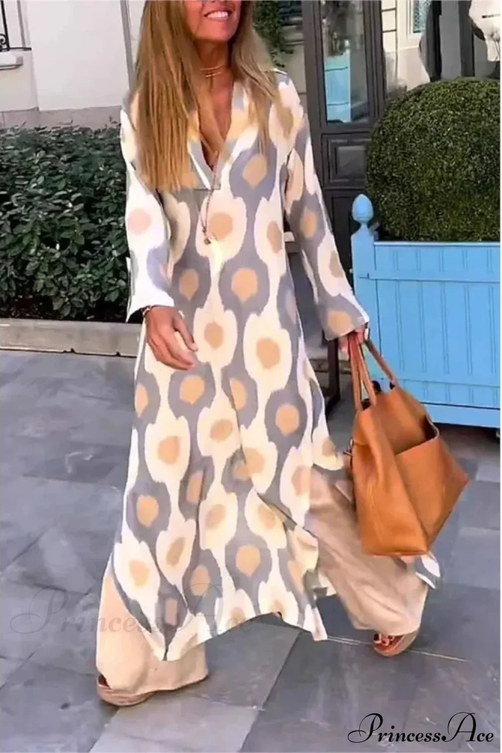 Geometric Printing Split Autumn V Neck Boho Dress