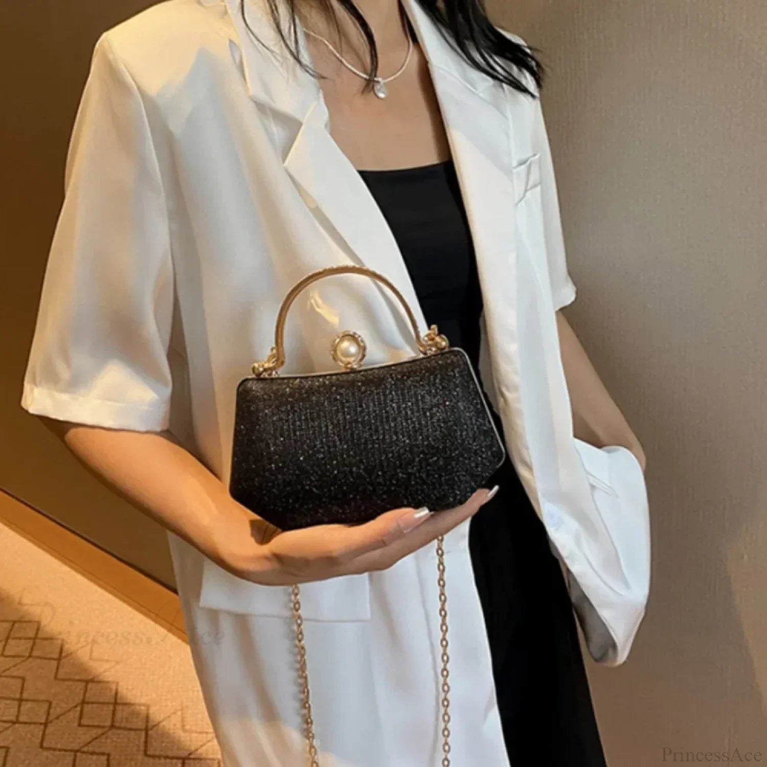 Glitter Evening Banquet Wrist Bag Rhinestone Clutch Bag Black clutchbag-250126