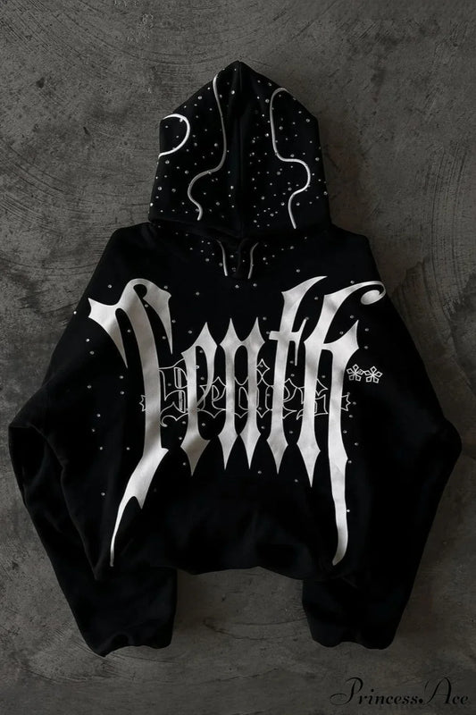 Goth Dark Letter Print Unisex Harajuku Oversized Hoodie Black / S