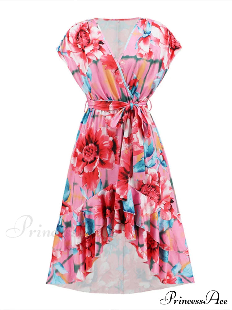 Gown Flowered For Front Wrap Design Midi Women Women’s Short Sleeve Hi-Low Dress