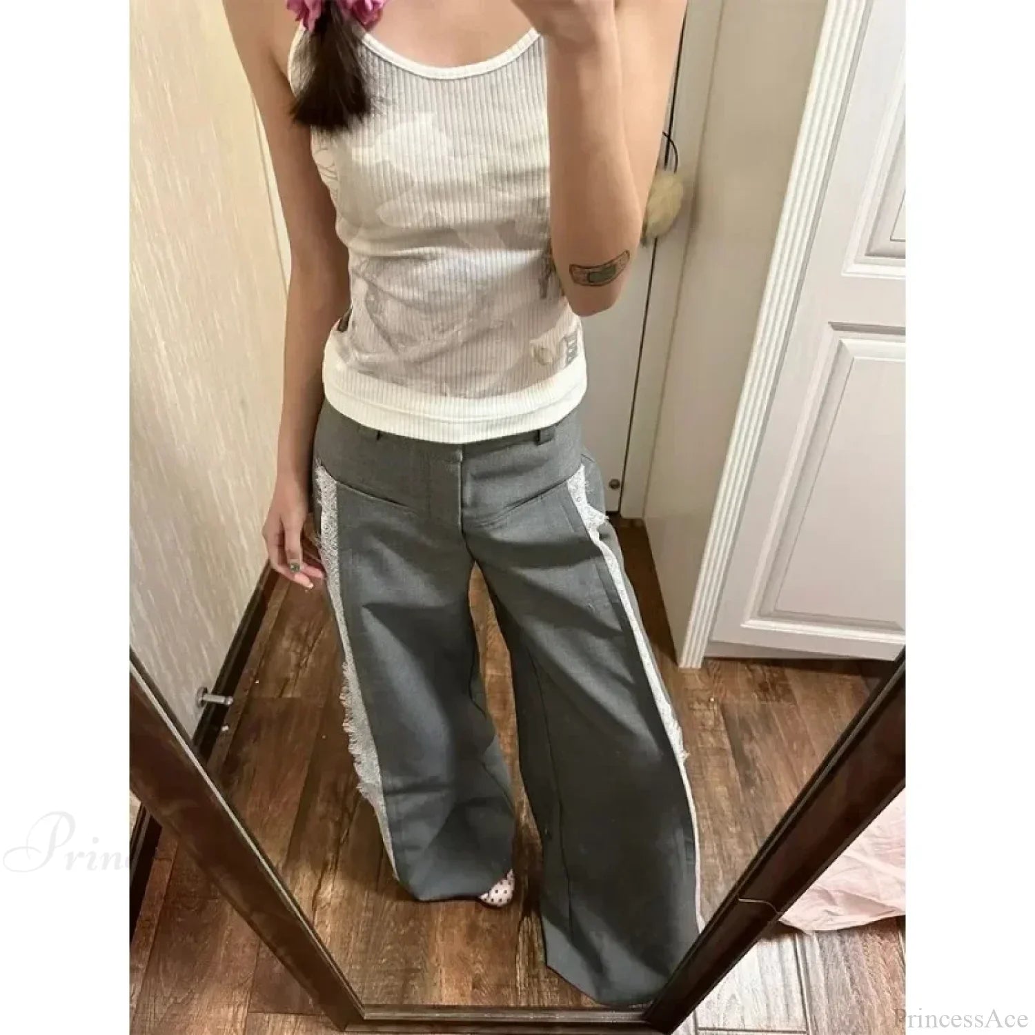 Gray Lace Y2K Women Suit Wide Leg Pants