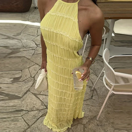 Halter Pleated Boho Vacation Dress 01 Yellow / S vacationdress-250223