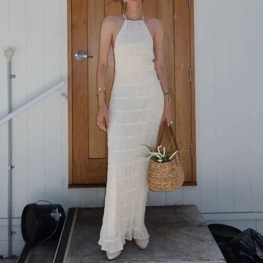 Halter Pleated Boho Vacation Dress 02 White / S vacationdress-250223