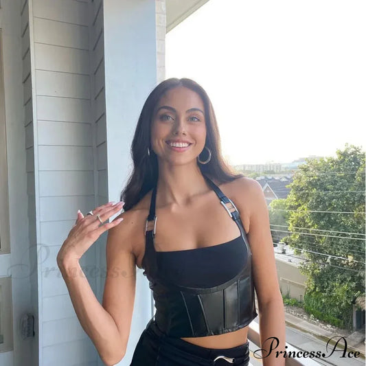 Hanging Neck Sexy Black Nightclub Matte Charm Hot High Street Shrink Gather Women’s Navel Short