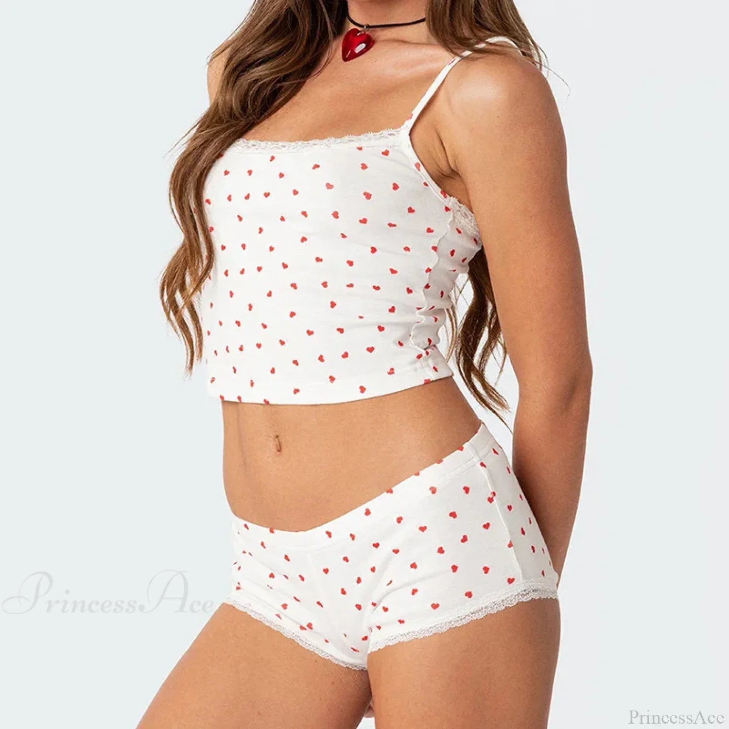 Heart Printed Kawaii Lace Trim Camis Micro Shorts Two Pieces Set twopiecesset-250126