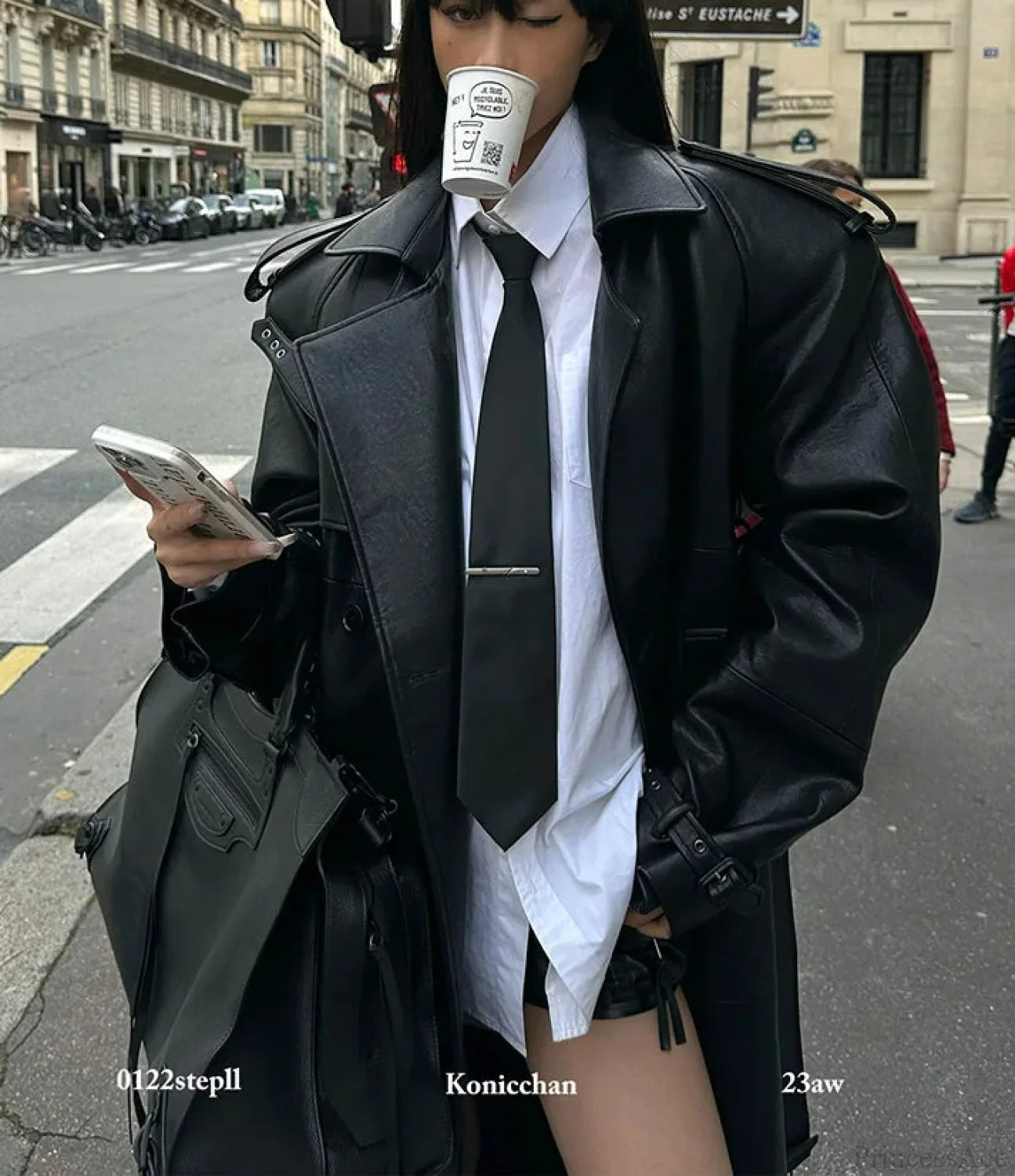 High Slit Black PU Leather Overcoat