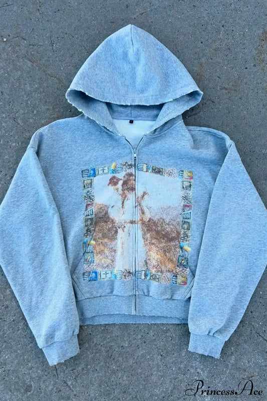 Hip-Hop Retro Printed Hoodie Grey / S