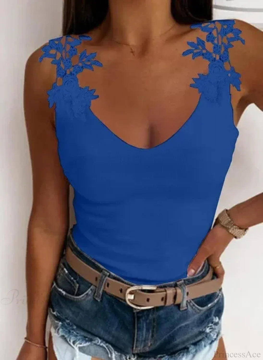 Hollow Lace Petal V-Neck Oversize Casual Slim Fit Tank Top Blue / S croptop-250126