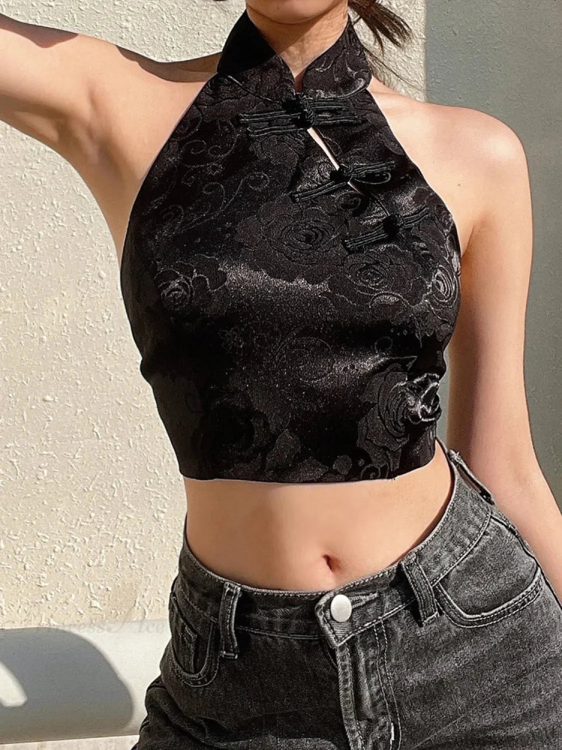Jacquard Dark Halter Lace-Up Ribbon Crop Top Black Top / S