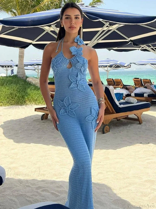 Knit Halter Blue 3D Flowers Vacation Dress vacationdress-250223