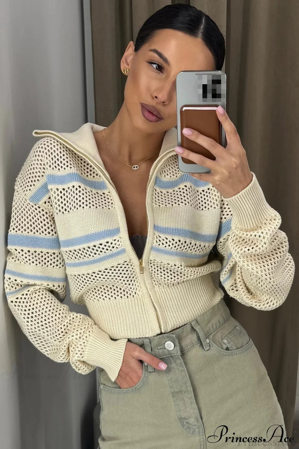 Knitted Cutout Zip Slim-Fit Design Hoodie Beige / S