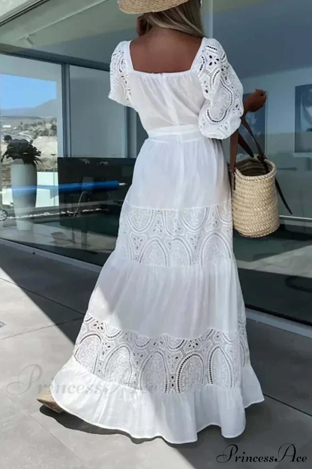 Lace Patchwork Loose Casual Beach Square Neck Boho Dress