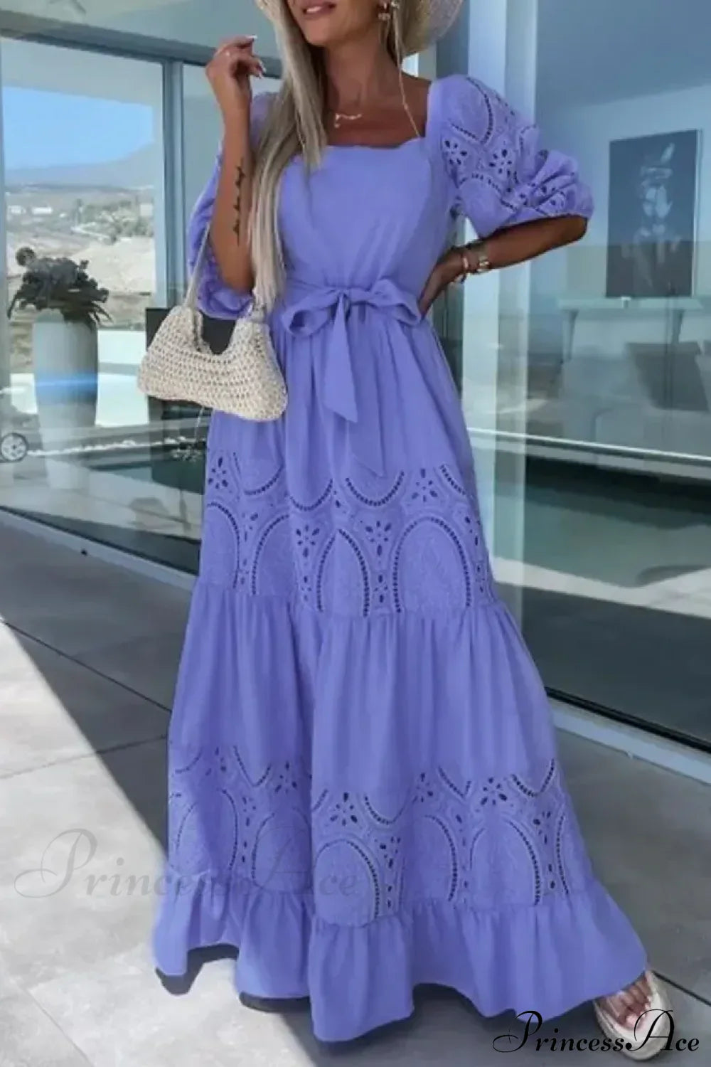 Lace Patchwork Loose Casual Beach Square Neck Boho Dress