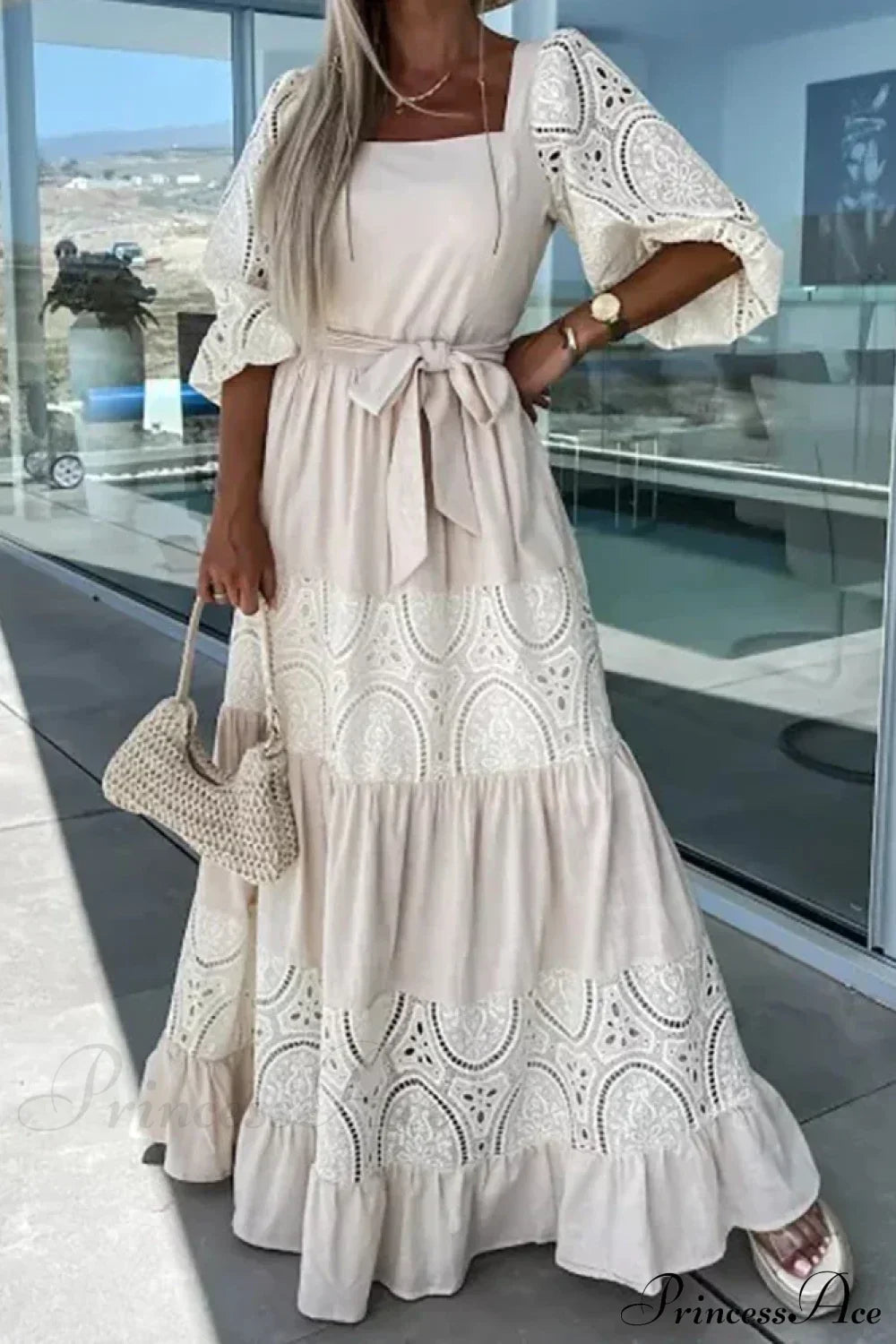 Lace Patchwork Loose Casual Beach Square Neck Boho Dress