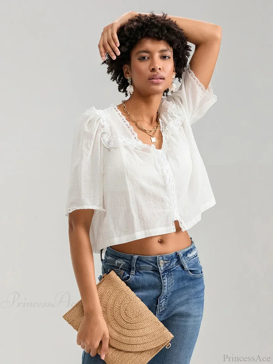 Lace Ruffle V-neck Button Casual Loose Crop Shirt croptop-250126