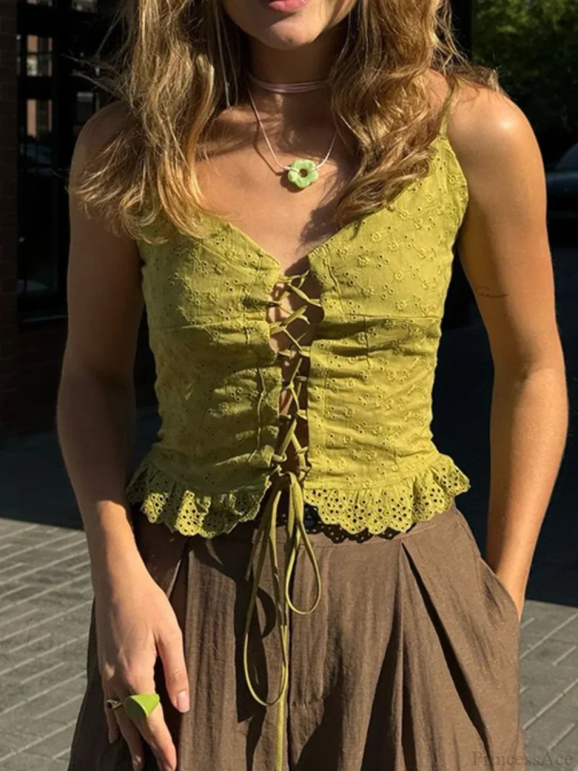 Lace Sleeveless V-neck Criss-cross Tie-up Crop Top GREEN / S croptop-250126