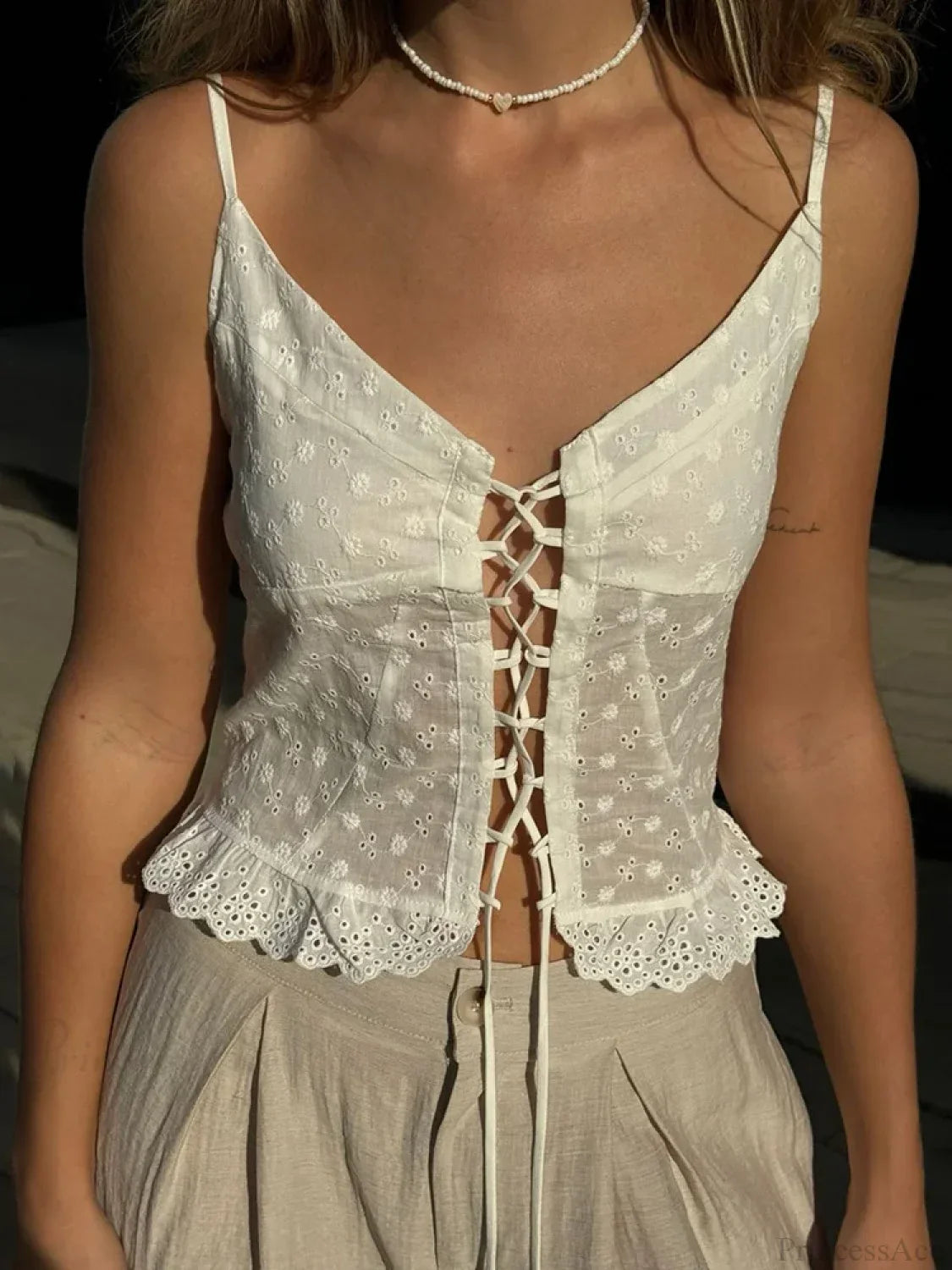 Lace Sleeveless V-neck Criss-cross Tie-up Crop Top WHITE / S croptop-250126