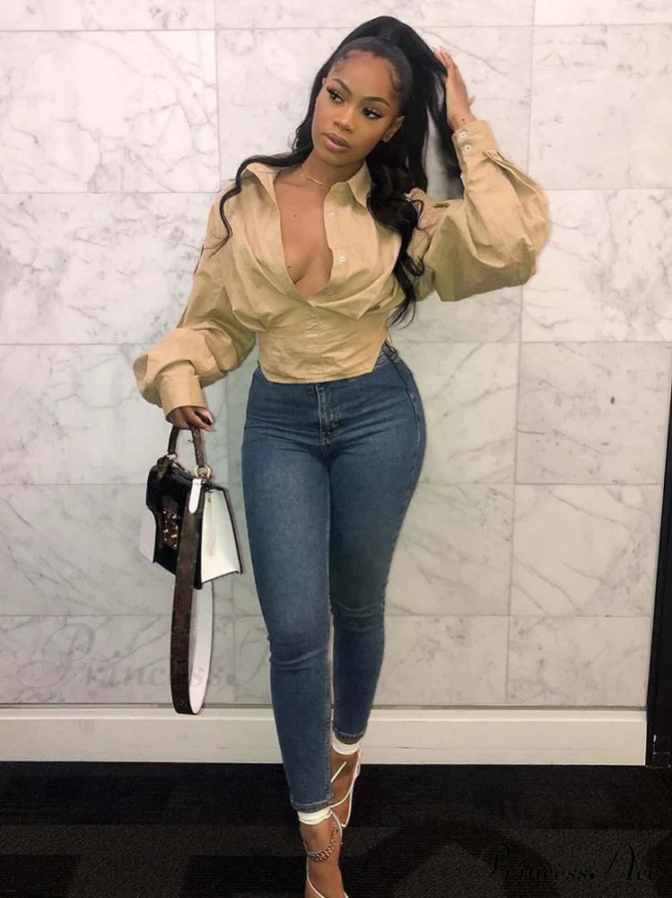 Lantern Sleeve Graceful Belted Shirt Dress Khaki / M Shirts & Tops