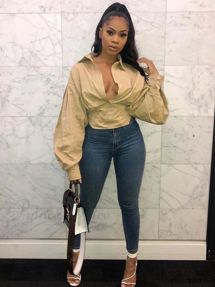 Lantern Sleeve Graceful Belted Shirt Dress Shirts & Tops