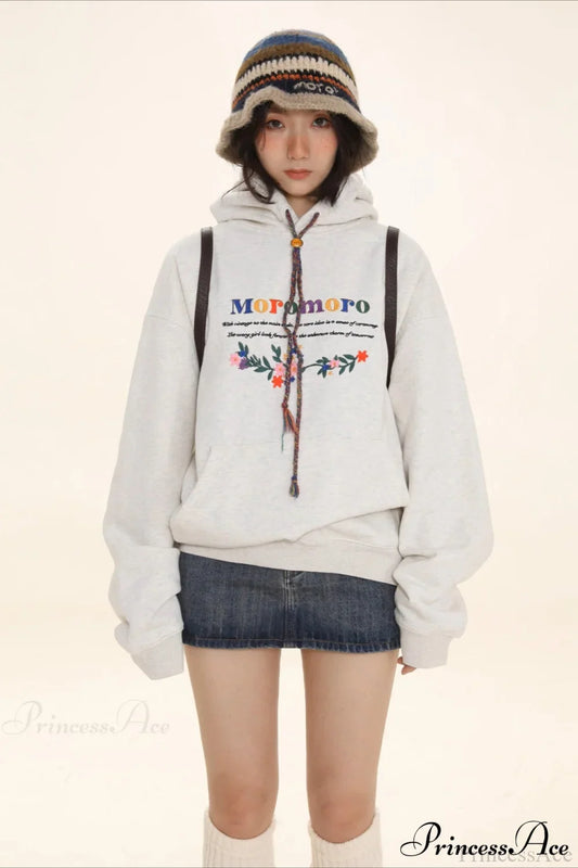 Letter Embroidery Relaxed Thickened Hoodie White Gray / S
