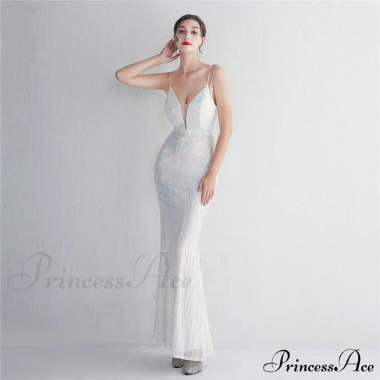 Liana Formal Sequin Charming Scroll Mermaid Dress White / S S.o. Long Dresses