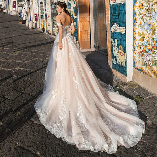 Lightweight Lace Long Train Wedding Dress lvory white / 2 weddingdress-250223