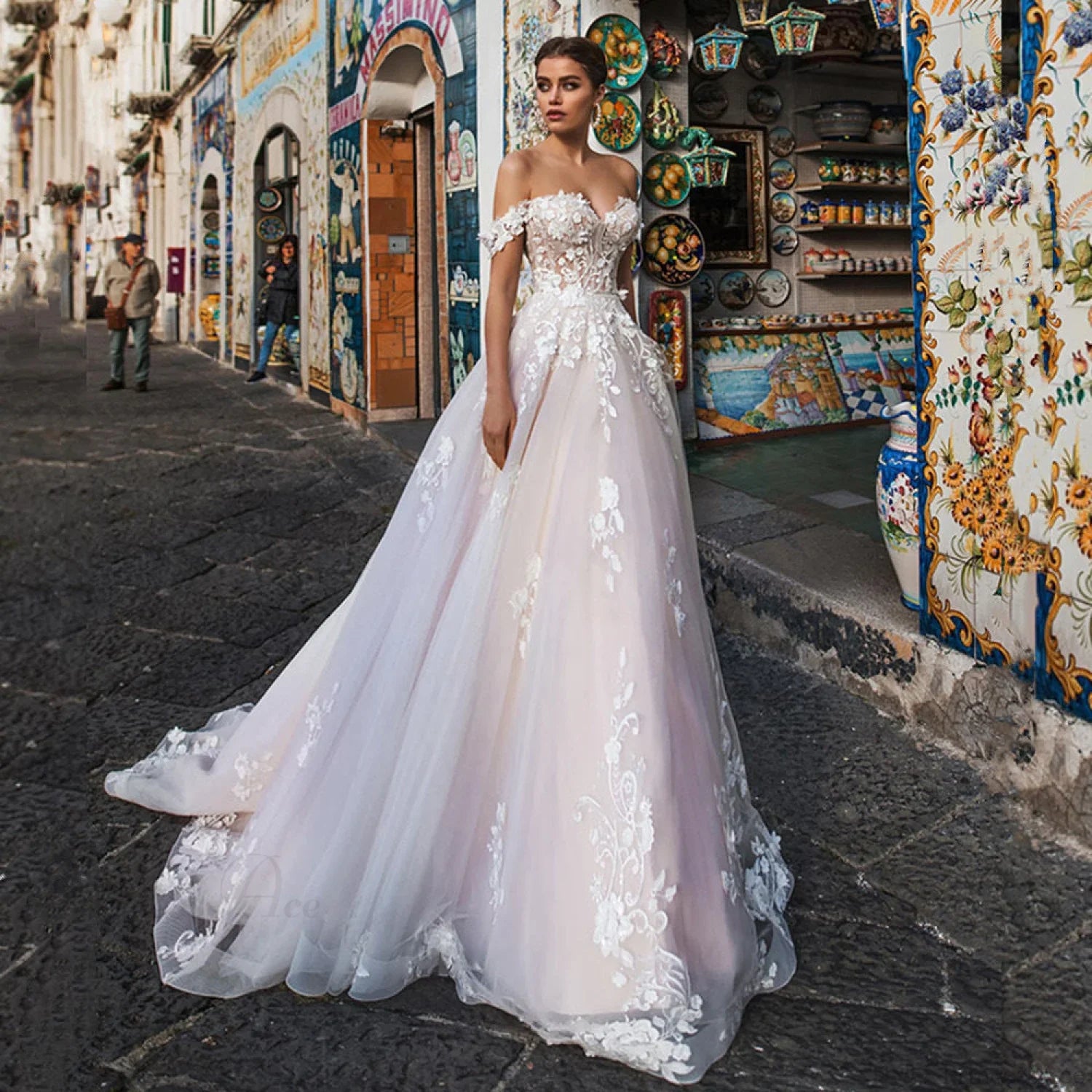 Lightweight Lace Long Train Wedding Dress white / 2 weddingdress-250223