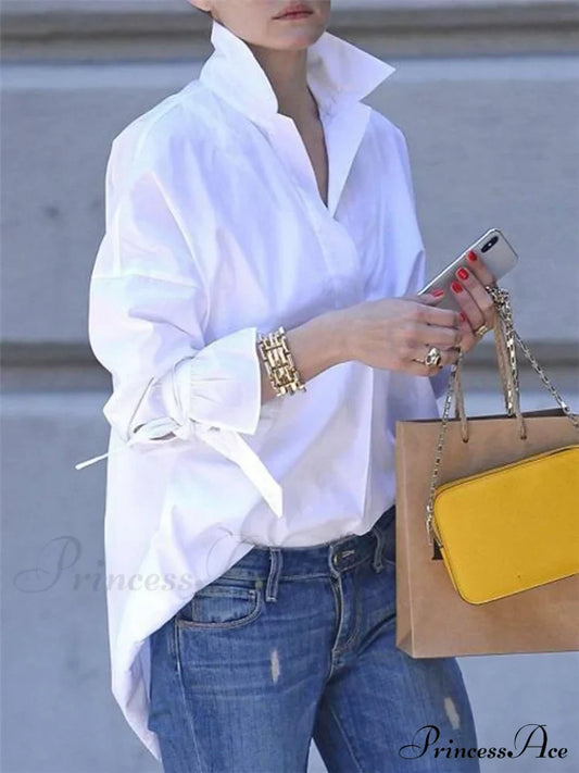 Long Lapel Arm Casual Plain Blouse White / S Tops