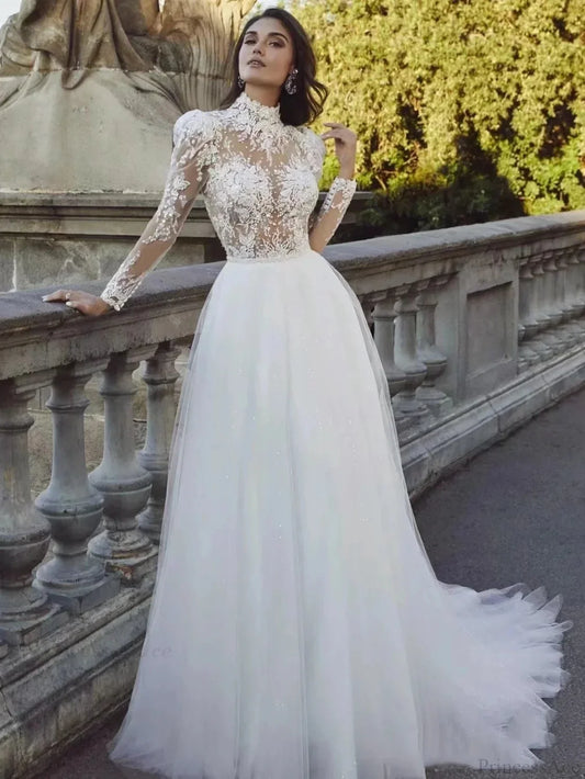 Long Sleeve French Princess Wedding Dress lvory white / 2 weddingdress-250223