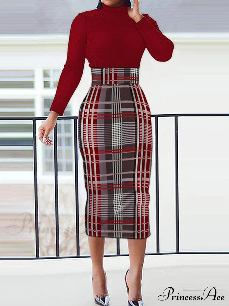 Long Sleeve O-Neck Print Elegant Slim Penclil Dress Red / S