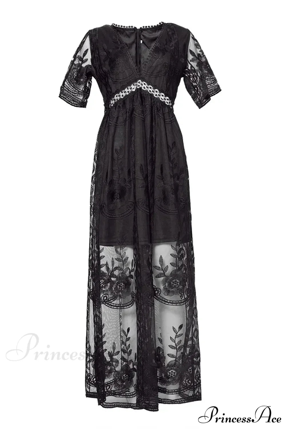 Loose Embroidery White Lace Maxi Boho Dress Black / S