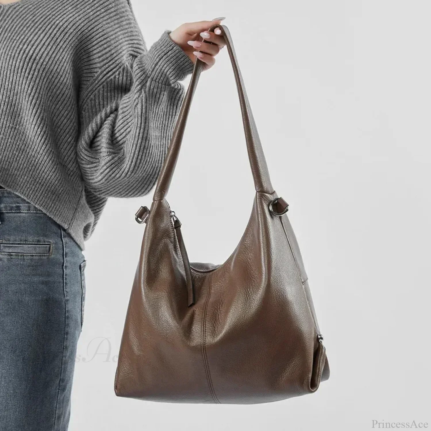 Luxury Genuine Leather Large Hobo Shoulder Bag light coffee shoulder-250126