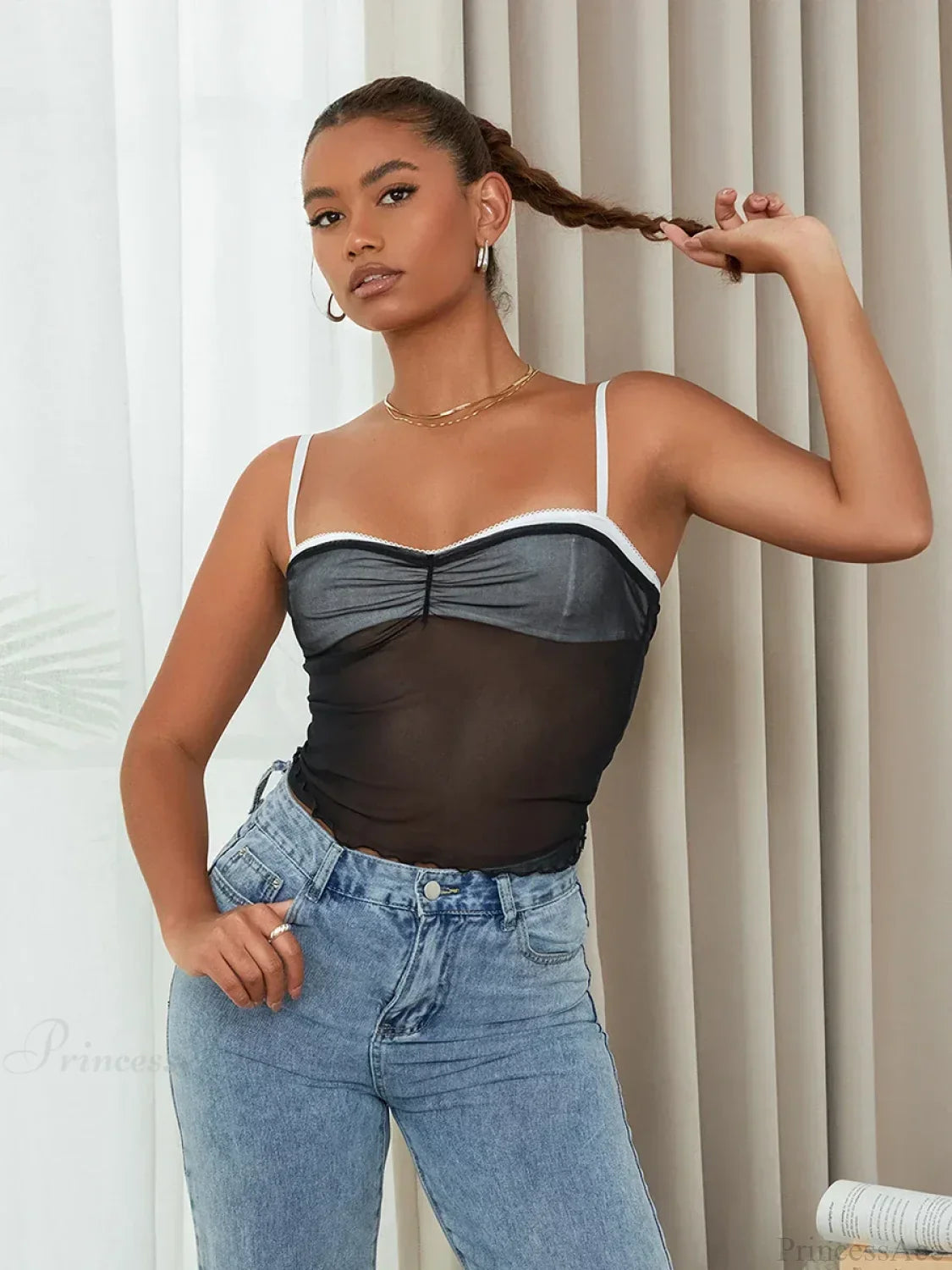 Mesh Ruched Color Patch Spaghetti Strap Crop Top BLACK1 / S croptop-250126