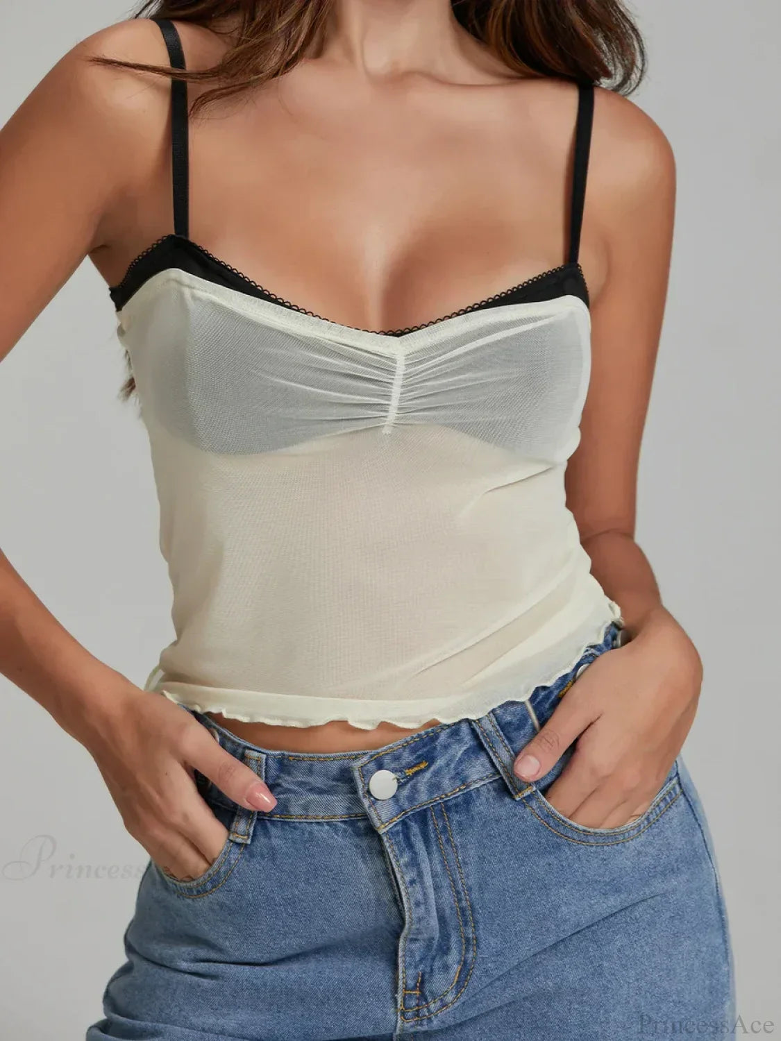 Mesh Ruched Color Patch Spaghetti Strap Crop Top croptop-250126