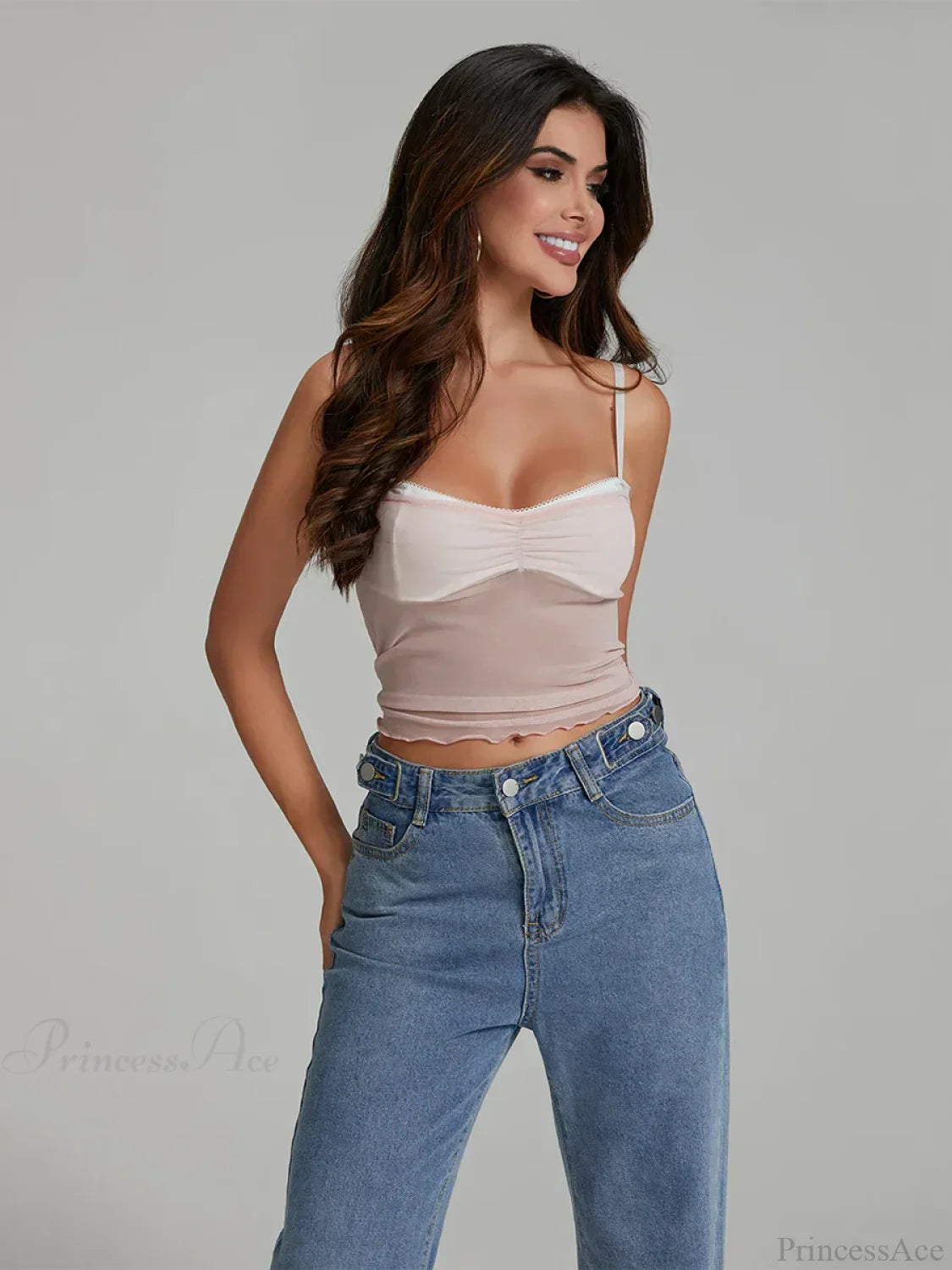 Mesh Ruched Color Patch Spaghetti Strap Crop Top WHITE2 / S croptop-250126