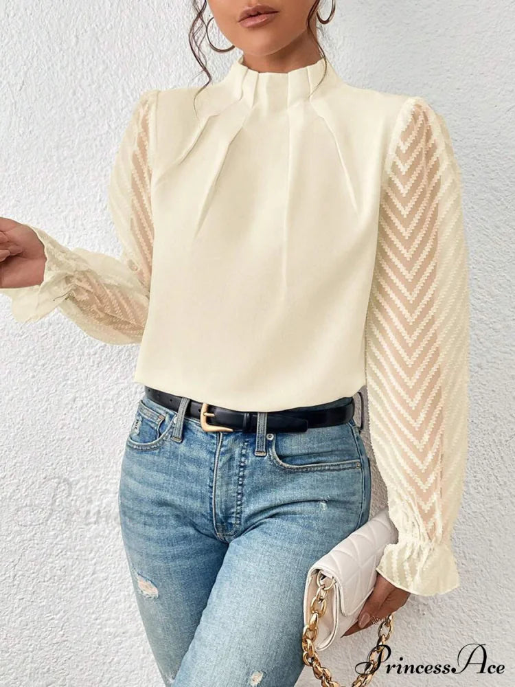 Mock Neck Flounce Fashionable Sheer Sleeve Blouse Cream A@X@E blouse clothes long sleeve shirt long sleeve shirts long sleeve top long sleeve tops mock neck Ship From Overseas Shipping Delay 09/29/2023 - 10/04/2023 shirt shirts top tops trend