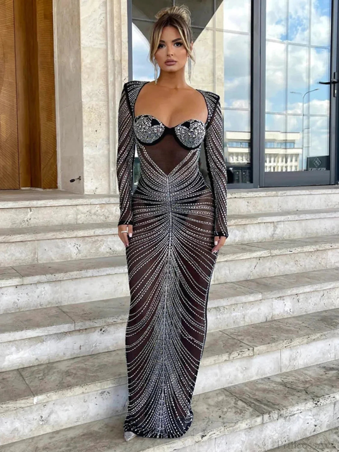 Mozision Glitter Mesh See Through Party Maxi Dress For Women Christmas Dresses-L