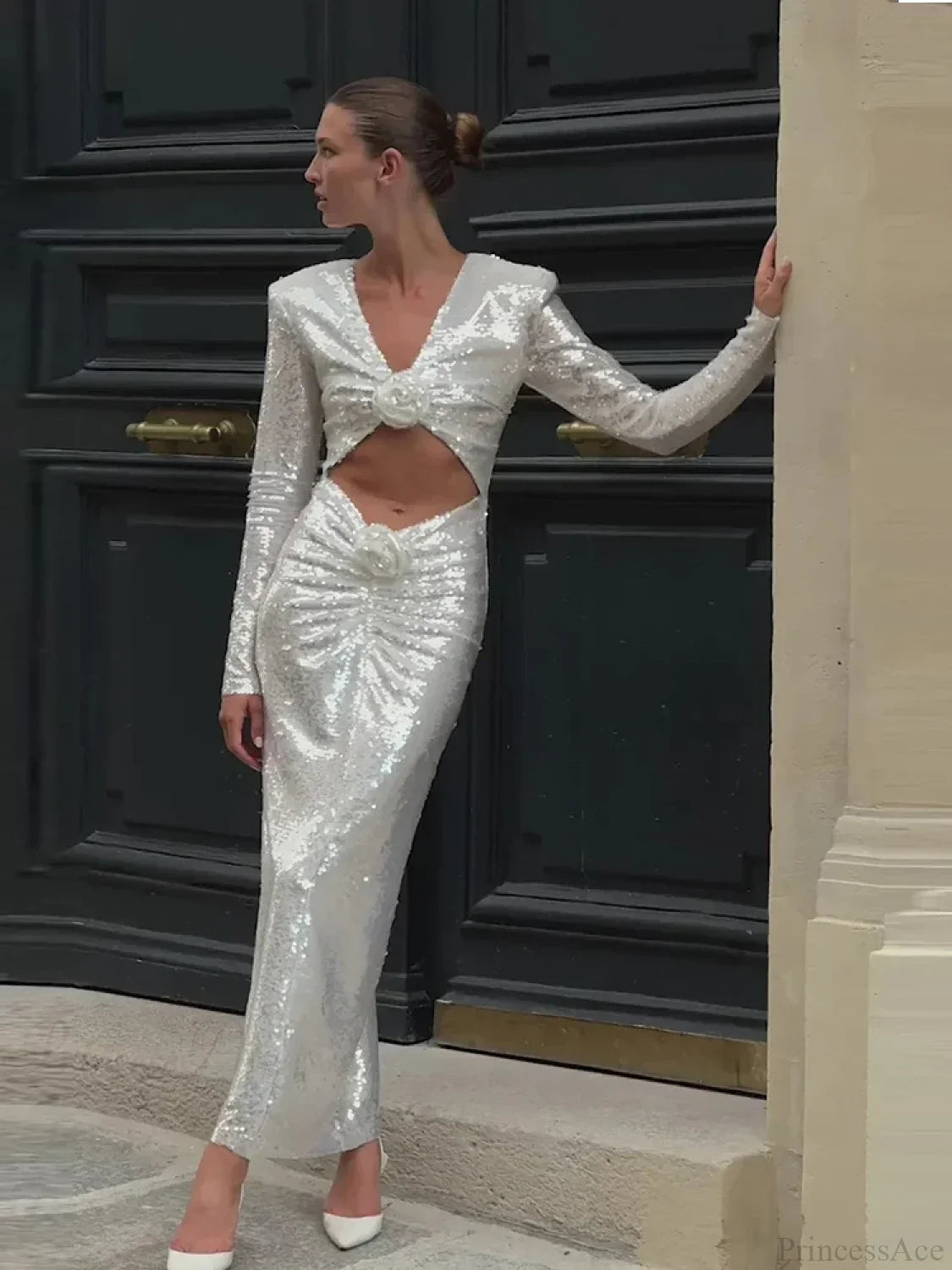 New Sexy Long Sleeves Luxury Sequins Slim Dress Hollow Flower Christmas Party Dresses-L