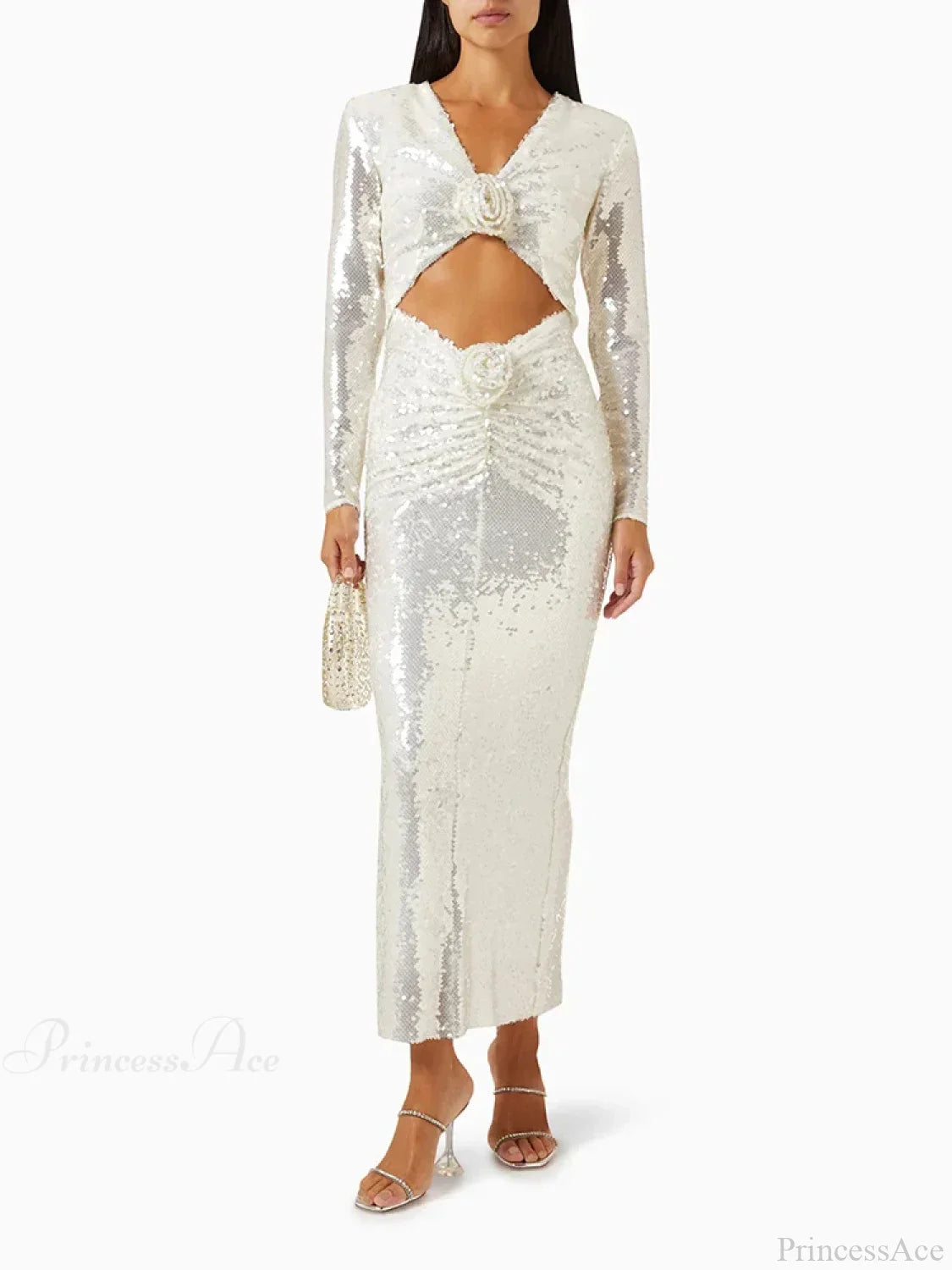 New Sexy Long Sleeves Luxury Sequins Slim Dress Hollow Flower Christmas Party Dresses-L