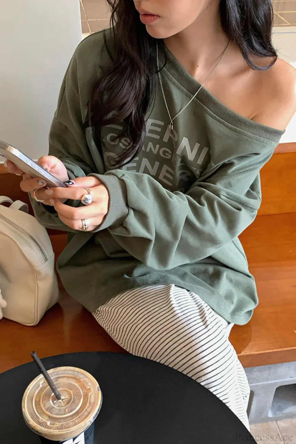 Off-Shoulder Graphic Letter Relaxed Sweatshirt Green / One size