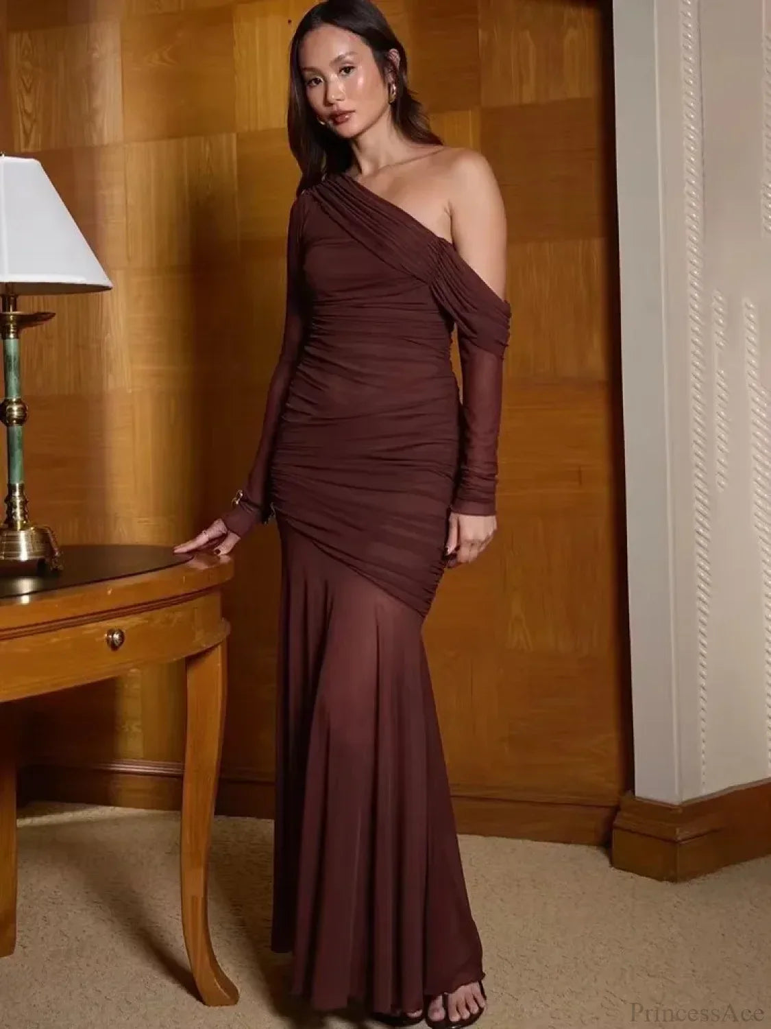 One Shoulder Mesh Maxi Vacation Dress vacationdress-250223