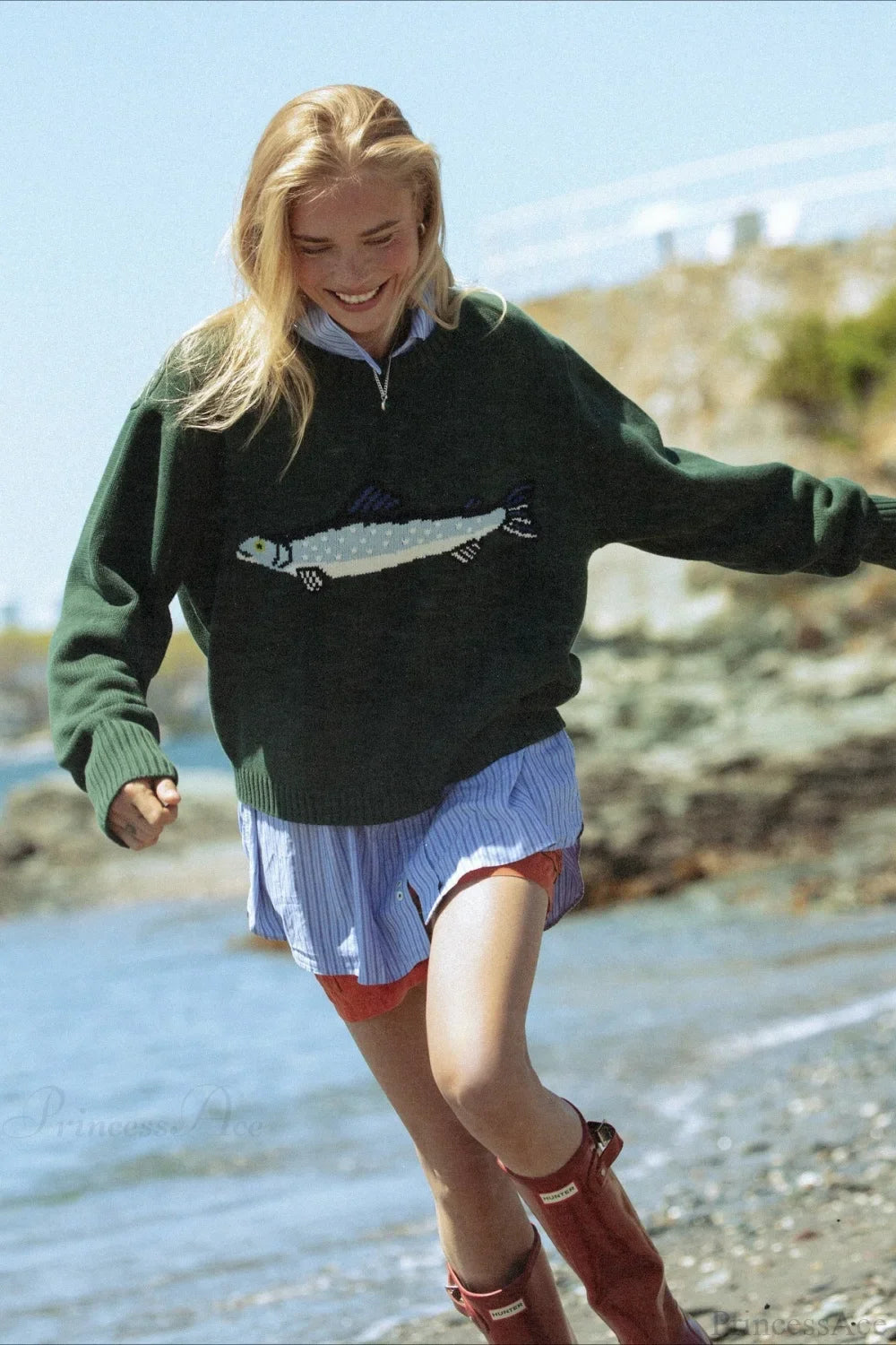 Oversized Fish Print Pullover Sweatshirt Green / S