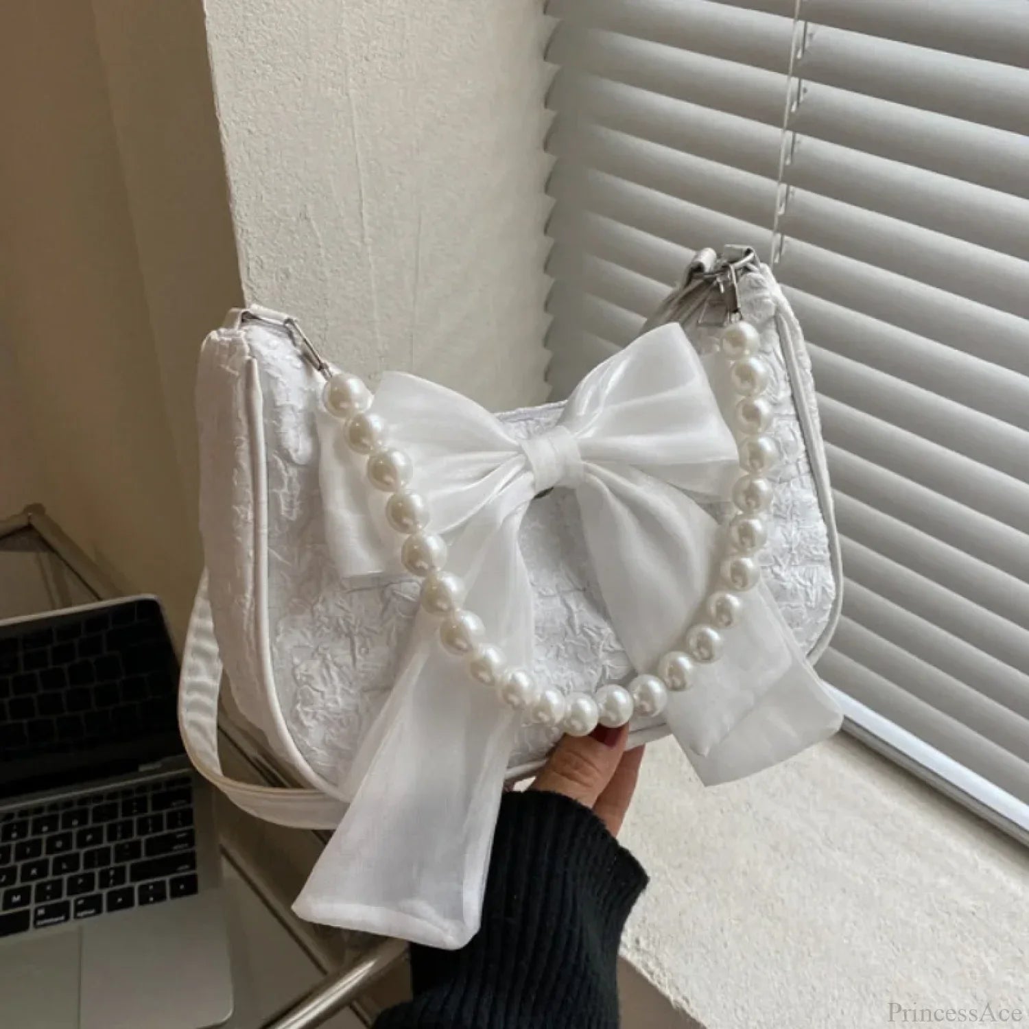 Pearl Bow Crossbody Canvas Shoulder Handbag Black handbag-250126