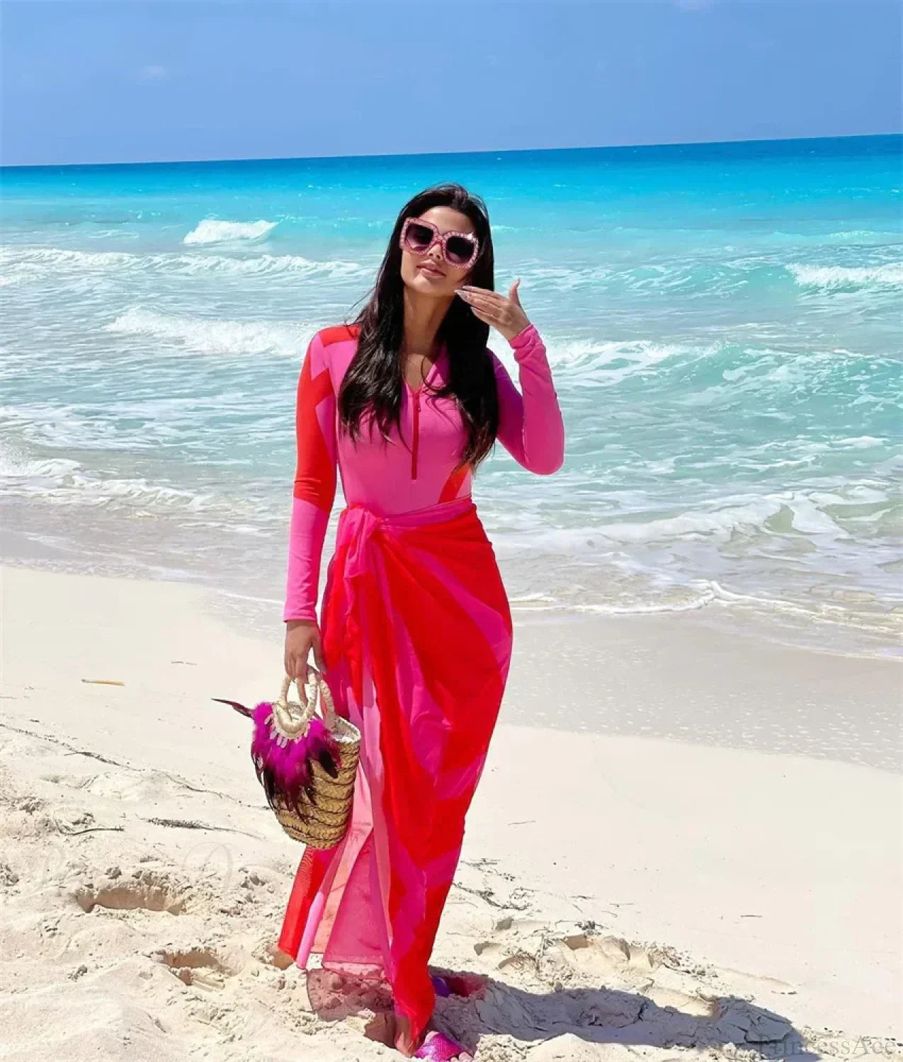 Pink Patchwork Zipper One Piece Swimsuit onepiece-250223