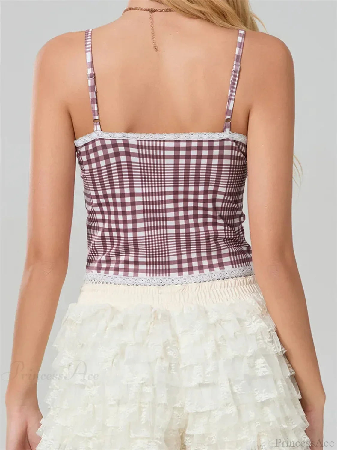 Plaid Bow Lace Trim Square Neck Crop Top croptop-250126
