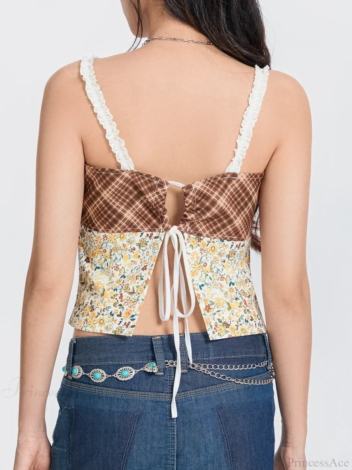 Plaid Floral Patchwork Bow Tie-up Backless Crop Top croptop-250126